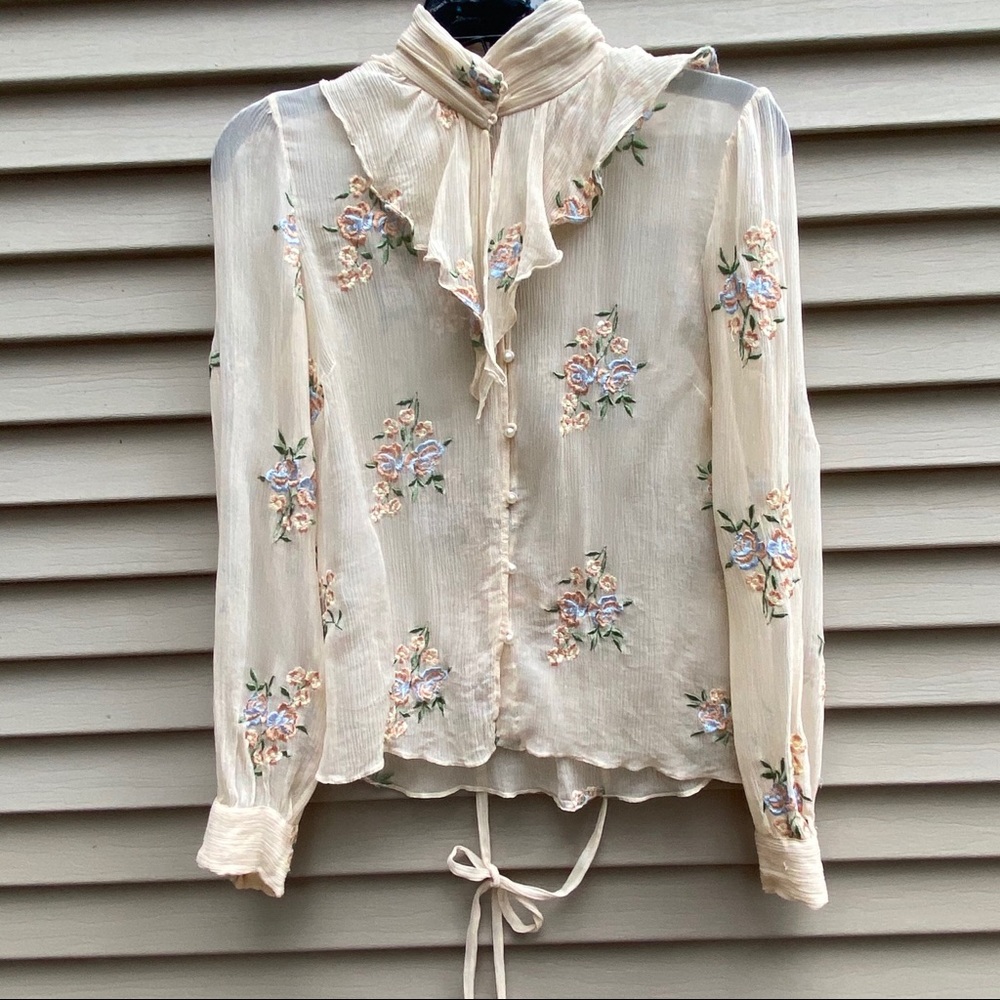 ECI New York sheer embroidered long sleeve blouse